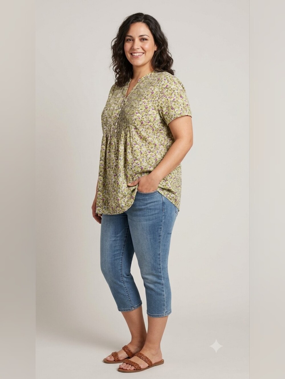 Woman Within Womens Sz L Casual Campestre Pin Tucks Short Sleeve Floral Print